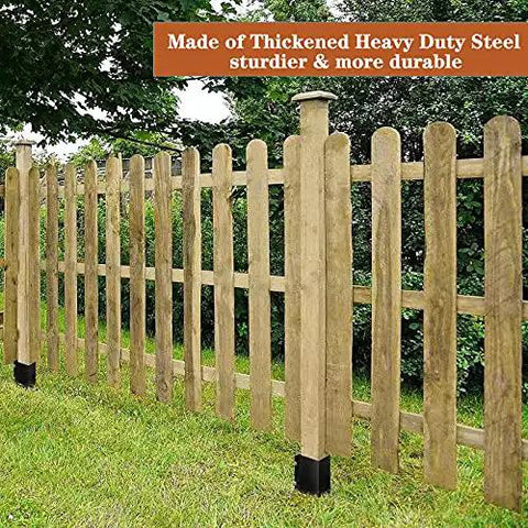 Six Pack Heavy Duty Fence Post Anchors And Ground Spikes Rock Solid 24 Inch Metal Stakes securing wooden fence in green yard.