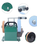 Top Shelf Water Cooled Electric Knife Sharpener Bench Grinder With 240 Watt Motor and 10 Inch Coarse Sharpening Stone plus 8 Inch Leather Stropping Wheel, showing front view with stone and leather wheel.