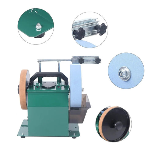 Top Shelf Water Cooled Electric Knife Sharpener Bench Grinder With 240 Watt Motor and 10 Inch Coarse Sharpening Stone plus 8 Inch Leather Stropping Wheel, showing front view with stone and leather wheel.