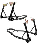 Beefy 850 Lb Front And Rear Motorcycle Stand Lift With Combo Fork Wheel Stand And Rear Swingarm Spool Support in black