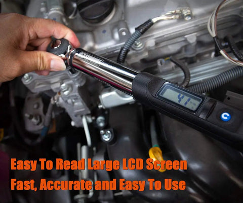 3/8 Inch Digital Torque Wrench With LCD Display And Peak Torque Readout Calibrated To Tight Specs, used on engine bolts.