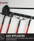 Heavy Duty Industrial Hook And Loop Fasteners With Rock Solid Adhesive Backing Water Resistant Sticky Pads For Indoor And Outdoor Use Tough Circular Disc Strips Hold Up To Ten Pounds holding garden tools on a mounted rack.