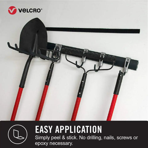Heavy Duty Industrial Hook And Loop Fasteners With Rock Solid Adhesive Backing Water Resistant Sticky Pads For Indoor And Outdoor Use Tough Circular Disc Strips Hold Up To Ten Pounds holding garden tools on a mounted rack.