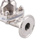 Side close-up of stainless steel 316L sanitary diaphragm valve with 1.5-inch tri-clamp flange