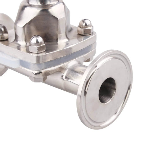 Side close-up of stainless steel 316L sanitary diaphragm valve with 1.5-inch tri-clamp flange