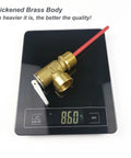 Front view of brass 3/4-in NPT temperature and pressure relief valve with red discharge tube on a digital scale