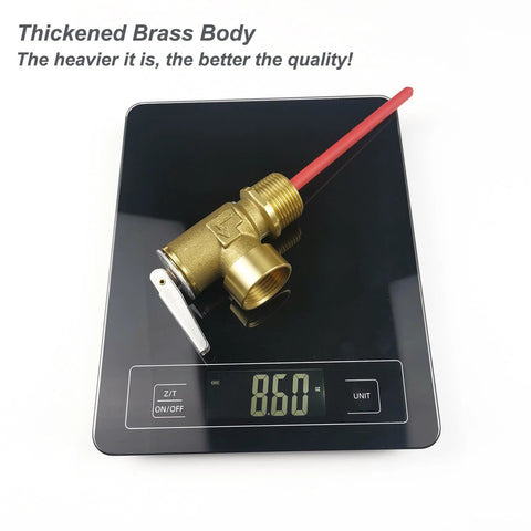 Front view of brass 3/4-in NPT temperature and pressure relief valve with red discharge tube on a digital scale
