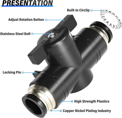 4mm Pneumatic Ball Valve With Plug And Play Push To Connect Fittings For Quick Tube Connections And Air Flow Control In Pneumatic Systems Easy To Use No Tools Required Black with built-in circlip and adjust rotation button