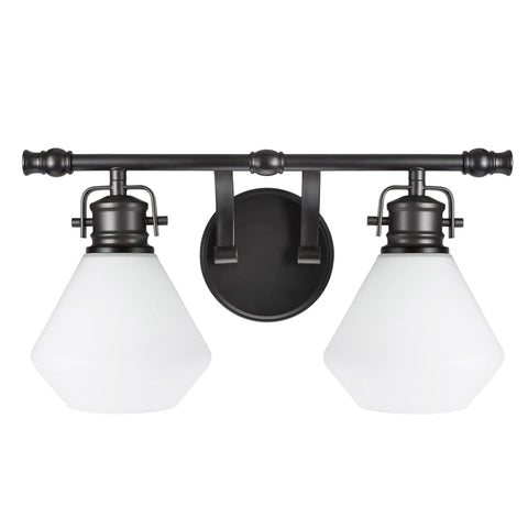 Two Light Metal Bathroom Vanity Wall Light Fixture 16 Inch Wide Bronze With Opal Glass Shade Transitional Style Bath Lighting