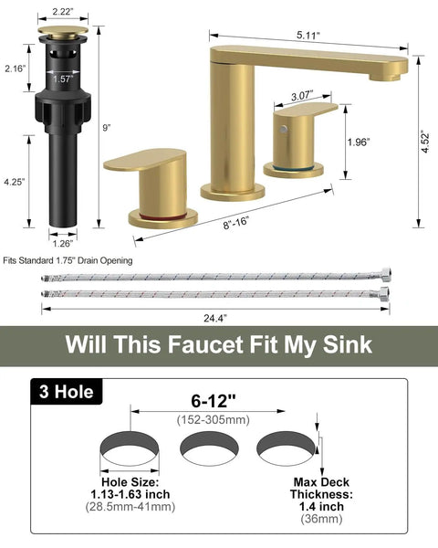 Top Shelf Brushed Gold 3 Hole 8 Inch Widespread Bathroom Sink Faucet Built Dang Solid For Zero Leak Reliability And Flows Smooth As Butter Straight Out The Box with dimensions and installation details.