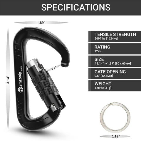 Specifications of 3 Inch Auto Locking Carabiner Clip Heavy Duty Beefy 12kN Strength 2697 Lbs Lightweight Keychain Carabiners
