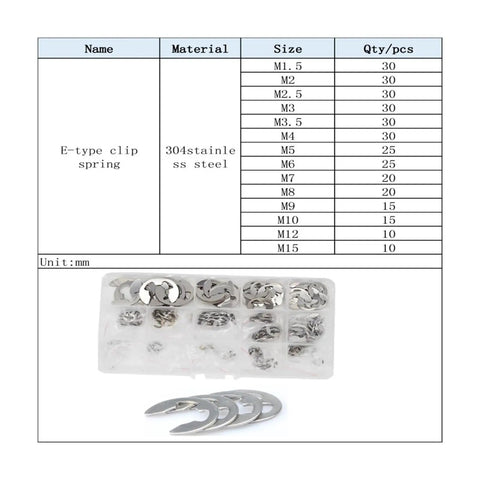 304 Stainless Steel E Clip Washer All In One Assortment Kit 320 Pieces Circlip Retaining Rings display with size chart