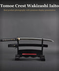 Wakizashi Iaito For Iaido Practice, 21 Inch Unsharpened Stainless Steel Blade With Bo Hi Fuller displayed on a stand
