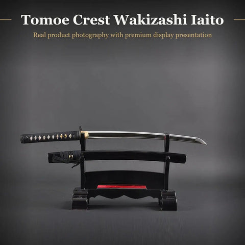 Wakizashi Iaito For Iaido Practice, 21 Inch Unsharpened Stainless Steel Blade With Bo Hi Fuller displayed on a stand