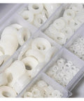720 Piece Nylon Washer Kit With O Rings Seals Gaskets And Flat Spacers For M2 Through M12 White Plastic Washers in organizer boxes