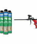 Heavy Duty High Density Expanding Spray Foam Insulation Kit With Slick Waterproof Flex Seal Technology For Knockout Sound Deadening And Rock Solid Wall Repair For Home Improvement And Weatherproofing Needs 850Ml Three Piece Set, includes 3 cans and a spray applicator.