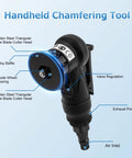 Side view of mini pneumatic handheld chamfering tool with blue ring and double-blade cutter head; air inlet, exhaust port.