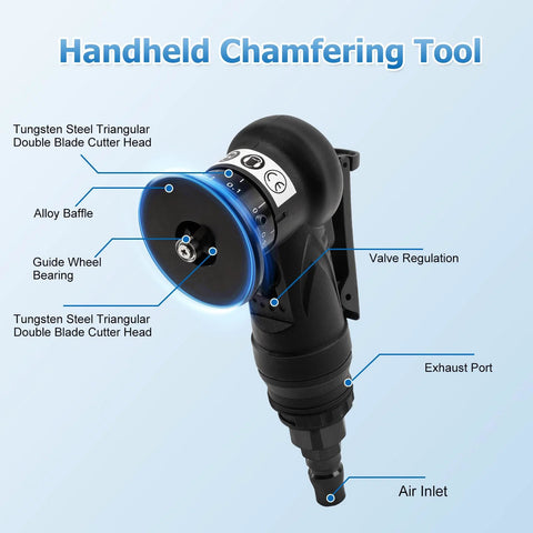 Side view of mini pneumatic handheld chamfering tool with blue ring and double-blade cutter head; air inlet, exhaust port.
