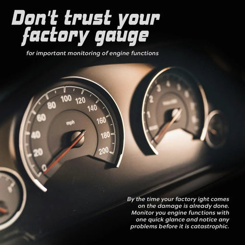 Prosport 52mm oil pressure gauge in car dashboard; close-up of speedometer and tachometer gauges