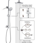 Rainfall Shower Head System With 9 Inch Rain Head And Handheld Height Adjustable Holder Solid Brass Rail Chrome Finish