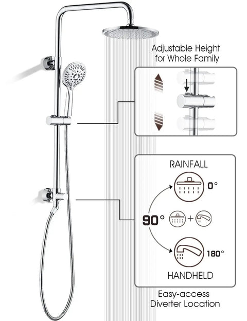 Rainfall Shower Head System With 9 Inch Rain Head And Handheld Height Adjustable Holder Solid Brass Rail Chrome Finish