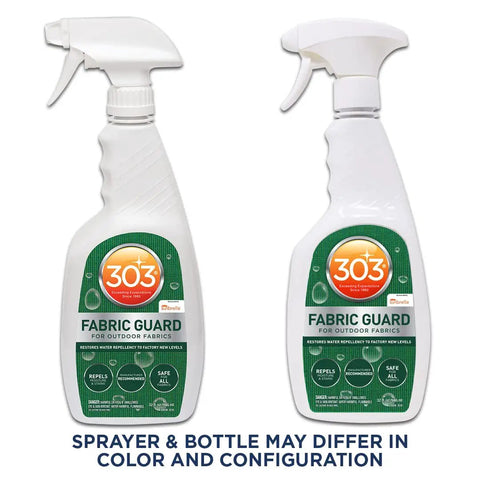 Two bottles of Outdoor Fabric Guard Restores Water Repellency To Factory New Levels, 32 oz, white spray, for marine gear and cushions.