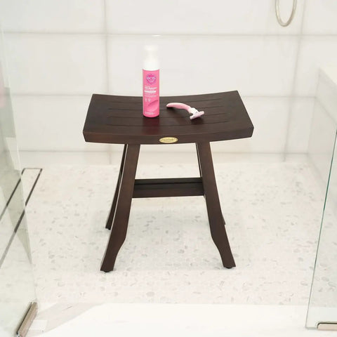 Teak Shower Bench 18 Inch Waterproof Wooden Seat For Inside Showers with Non Slip Feet and Curved Design in bathroom scene