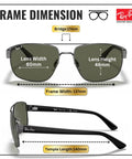 Diagram of square round shape polarized sunglasses for men with green lenses, includes frame measurements and eyewear kit details.