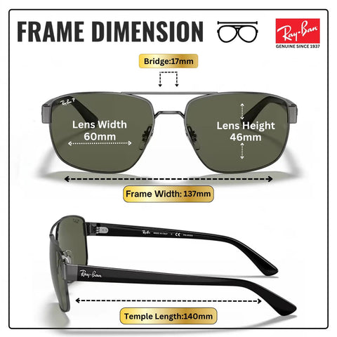 Diagram of square round shape polarized sunglasses for men with green lenses, includes frame measurements and eyewear kit details.