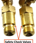 Close-up of brass safety check valves for Medium Duty Oxy Fuel Torch With Check Valves For Cutting Heating And Welding Tips Acetylene Or Propane 1 Inch Cut Capable Compatible With Victor Series 100 Torches.