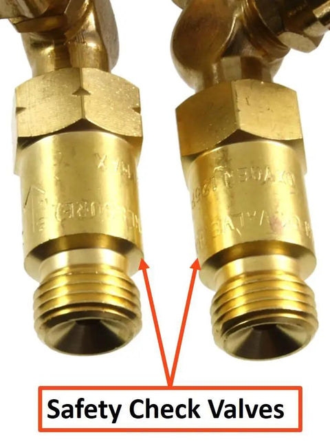 Close-up of brass safety check valves for Medium Duty Oxy Fuel Torch With Check Valves For Cutting Heating And Welding Tips Acetylene Or Propane 1 Inch Cut Capable Compatible With Victor Series 100 Torches.