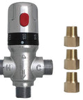Three Way Thermostatic Mixing Valve With 1/2NPT Connections in solid brass shown with three adapters for water temperature control.