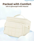 Insulated Puffer Cooler Bag Holds Thirty Two Cans Soft Side Duffel Tote With Double Deck Setup Built For Weekend Warrior Chill Sessions Tailgate Stashes And Day Trip Essentials Beige, soft puffer material close-up.