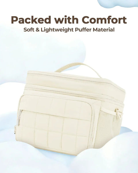 Insulated Puffer Cooler Bag Holds Thirty Two Cans Soft Side Duffel Tote With Double Deck Setup Built For Weekend Warrior Chill Sessions Tailgate Stashes And Day Trip Essentials Beige, soft puffer material close-up.