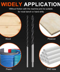 Extra Long Brad Point Drill Bit Set For Hardwood And More, showing applications in wood, plywood, plastic, PVC.