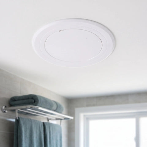Peel And Stick Round Access Cover Plate 6 Inch For Drywall Ceiling Or Wall Pipe Hole Patching And Heavy Duty Abs Blank Panel installed on ceiling.