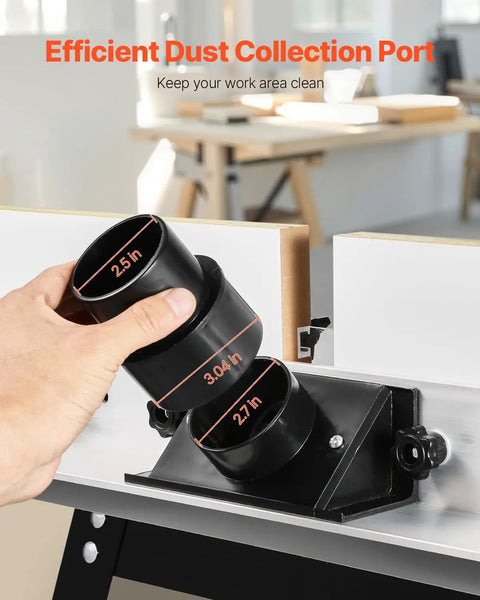 Efficient dust collection port for benchtop router table with 2.5 inch dust port, adjustable for clean workspace.
