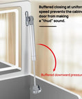 Two Pack Soft Close Toy Box Hinges With 100N Gas Strut Safety Lid Support shown installed on cabinet door.