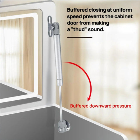 Two Pack Soft Close Toy Box Hinges With 100N Gas Strut Safety Lid Support shown installed on cabinet door.