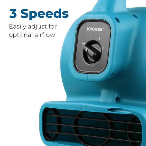 Close-up of Compact 600 CFM Centrifugal Air Mover For Drying And Ventilation showing speed settings dial and air vent