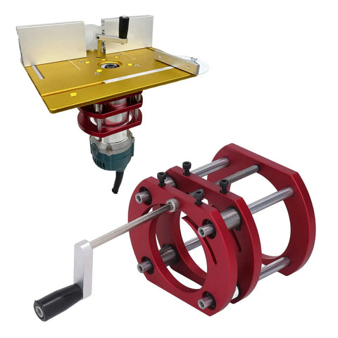 Heavy Duty Router Table Lift System Fits 64 66 Mm Motors with aluminum lift plate and four jaw clamps for woodworking.