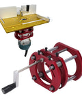 Heavy Duty Aluminum Alloy Router Lift Base With Rock Solid 4 Jaw Clamping Zero Hassle Crank Height Adjustment And Rugged Steel Support Rods for compact tools.