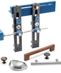 Cabinet Hardware Jig And Pull Drill Guide Pro with knobs and handles, adjustable drill guide, portable tool for precise installs.