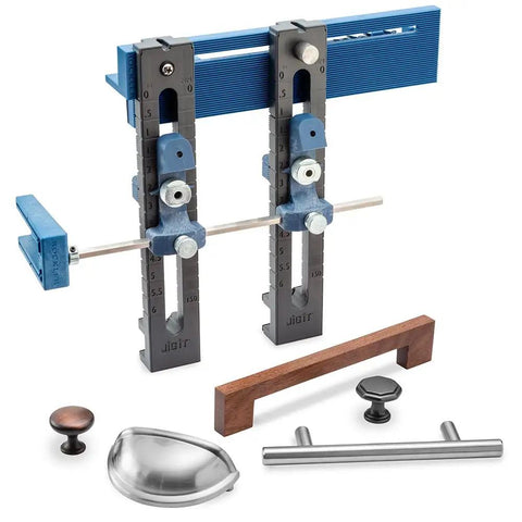 Cabinet Hardware Jig And Pull Drill Guide Pro with knobs and handles, adjustable drill guide, portable tool for precise installs.