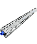 Heavy Duty Three Fold Drawer Slides With Smooth Ball Bearings And Locking Protection Built Different For Zero Wobble Gliding and Rock Solid 300 Pound Load Support close-up view showing blue locking mechanism.