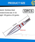 12 Pack Archery Field Points 19 64th Inch, 1.77 Inch Length, 8 32 Screw In, stainless steel tip size details with grain label