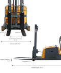 Heavy Duty Full Electric Pallet Stacker And Counterbalanced Forklift Racks Up 3300 LB Capacity dimensions including fork height and length.