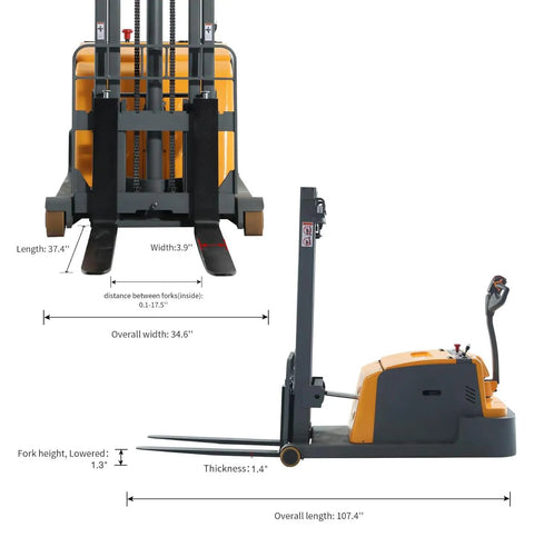 Heavy Duty Full Electric Pallet Stacker And Counterbalanced Forklift Racks Up 3300 LB Capacity dimensions including fork height and length.