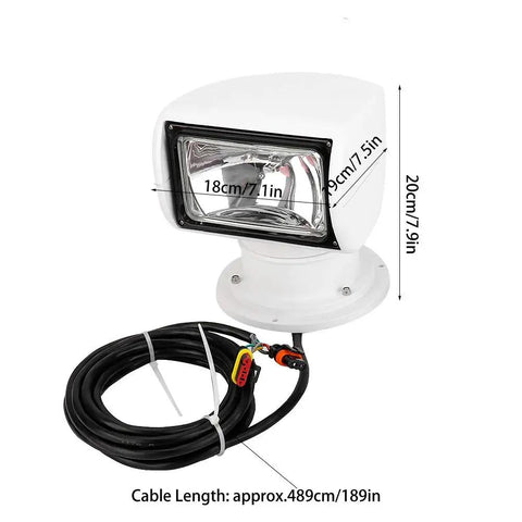 12V 100W Xenon Marine Spotlight With Remote Control, waterproof design, cable attached, shown in white housing with dimensions.