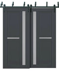 Veregio 7288 Interior Barn Bypass Sliding Doors With Frosted Glass And Solid Wood, 84 By 96 Inches, Black Modern Style, Hardware Included